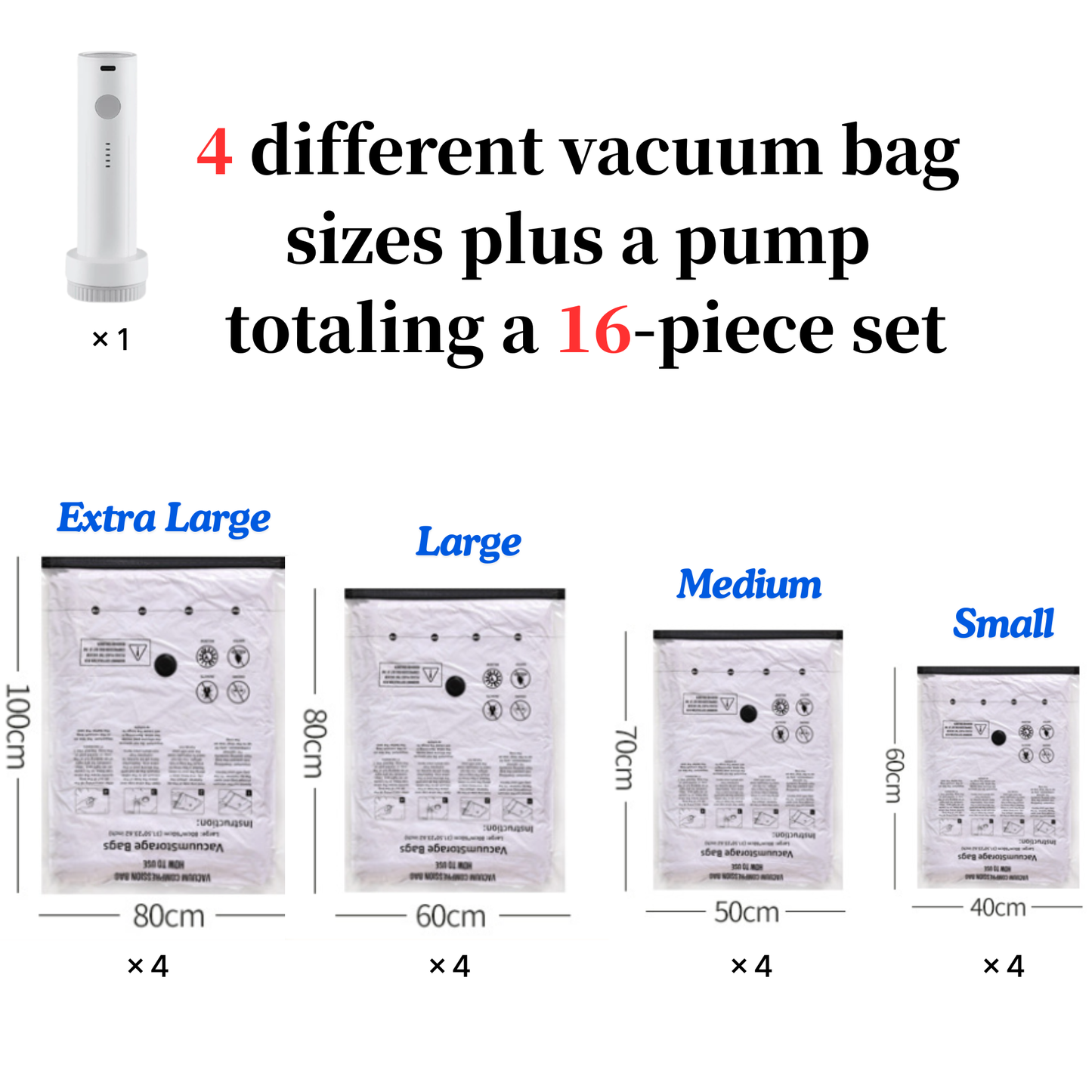 4-Pack Jumbo Vacuum Storage Bags with Pump – Space Saving for Clothes & Bedding