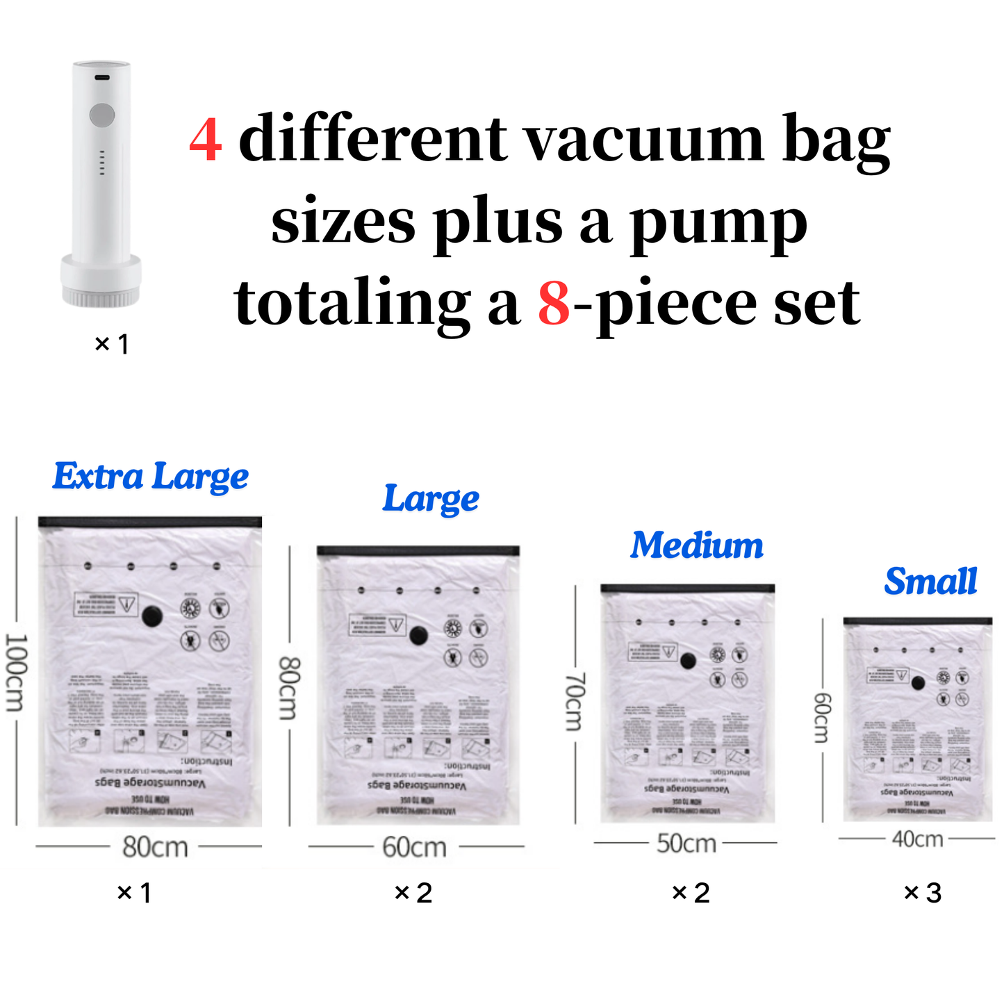 4-Pack Jumbo Vacuum Storage Bags with Pump – Space Saving for Clothes & Bedding