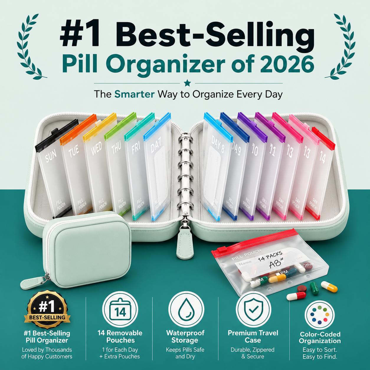 ❄️Summerfresh 50% OFF!💊14-Pouch Travel Medicine & Supplement Organiser – Removable Colour-Coded Zip Pouches with Binder Case