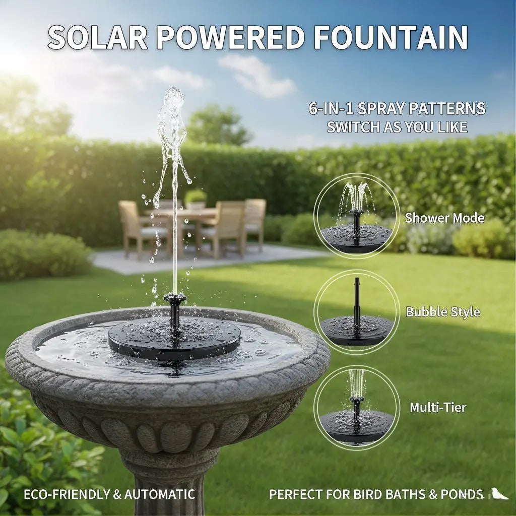 Solar Powered Bird Bath Fountain with 6 Nozzles for Bird Bath, Garden, Pond, Pool